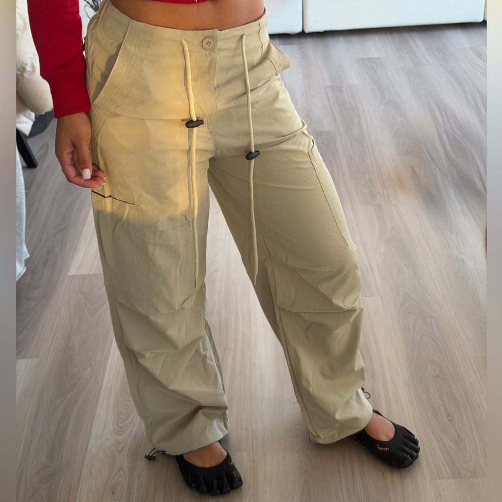 Beige Wide-Leg Drawstring Cargo Pants
